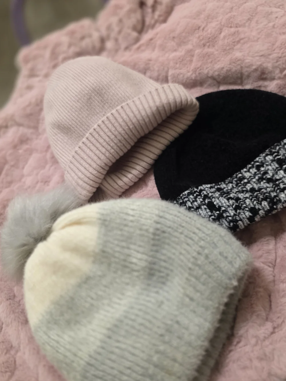 Kids Soft Knit Beanie Hat - Pink, Black, Cream